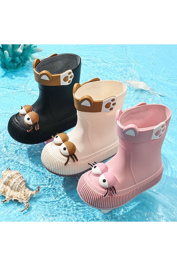 Women's Rain Boots, Mid-Calf Waterproof Non-Rubber Cute Big Eye Everyday Shoes Pink 4-4.5