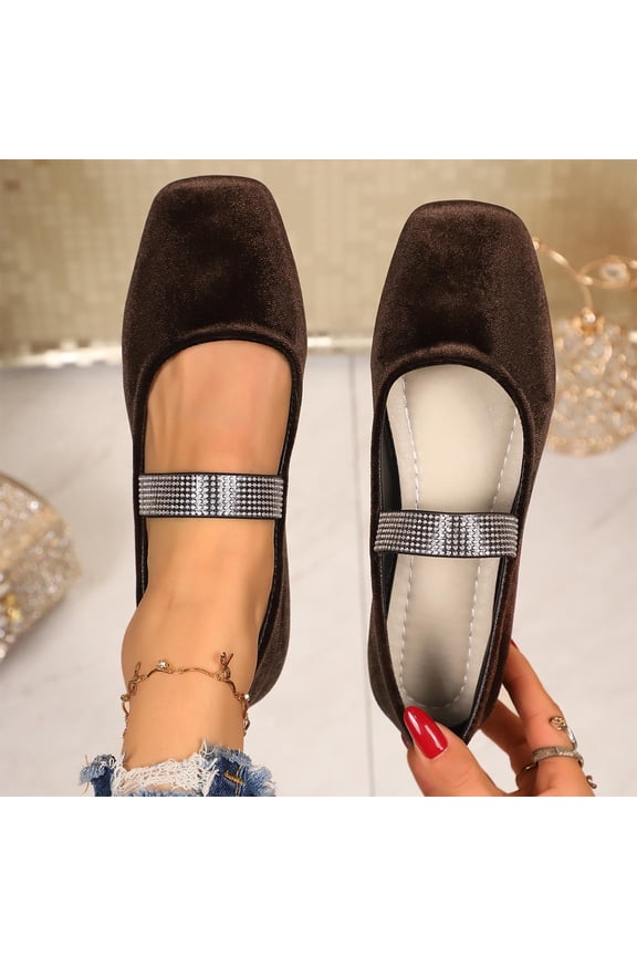 Women's Rhinestone Moccasins, Bright Detail Four-Season Square Toe Comfortable Shallow Shoes Brown