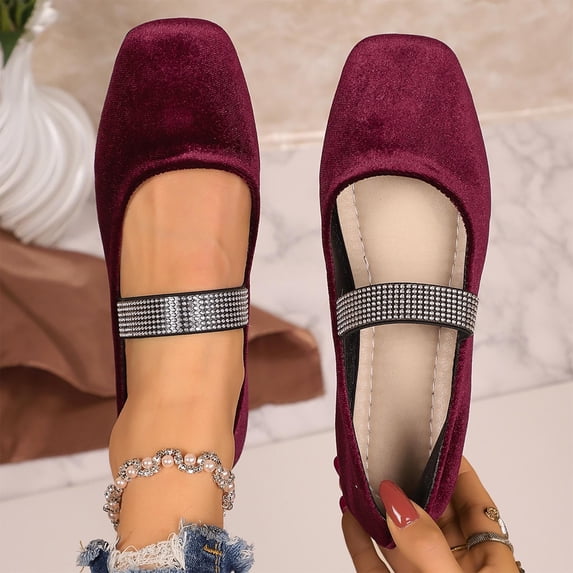 Crunowin Women's Rhinestone Moccasins, Bright Detail Four-Season Square Toe Comfortable Shallow Shoes Wine