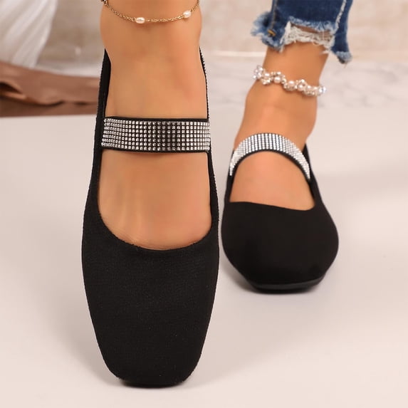 Crunowin Women's Rhinestone Moccasins, Four-Season Bright Detail Square Toe Comfortable Shallow Shoes Black