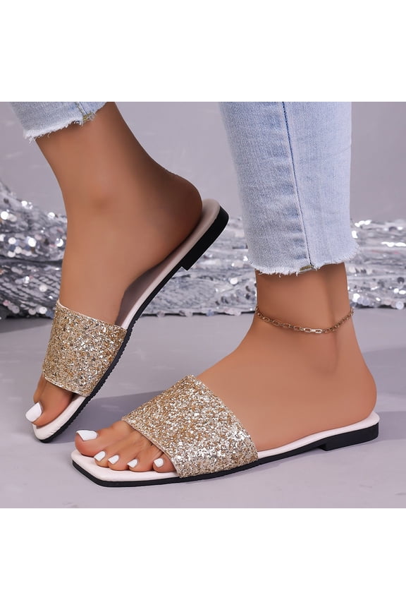 Women's Rhinestone Slippers, Rhinestone Soft Leather Fashionable Strappy Outerwear Style Gold