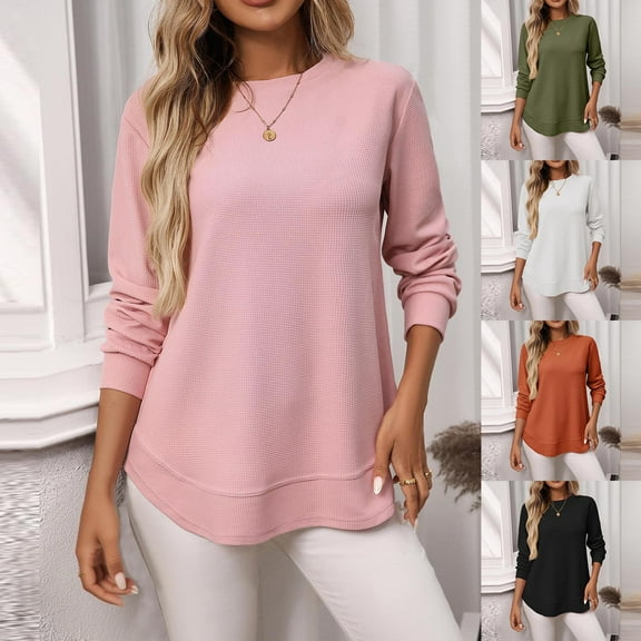 Crunowin Women's Ribbed Blouse Top, Casual Fall Long Sleeve Round Neck Pullover Top White M