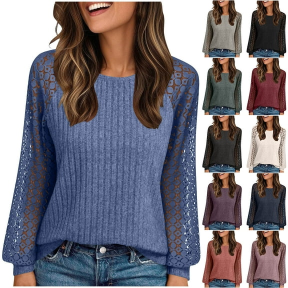 Crunowin Women's Ribbed Knit Tops, Lace Patchwork Sleeve Round Neck Blouse Top Navy S