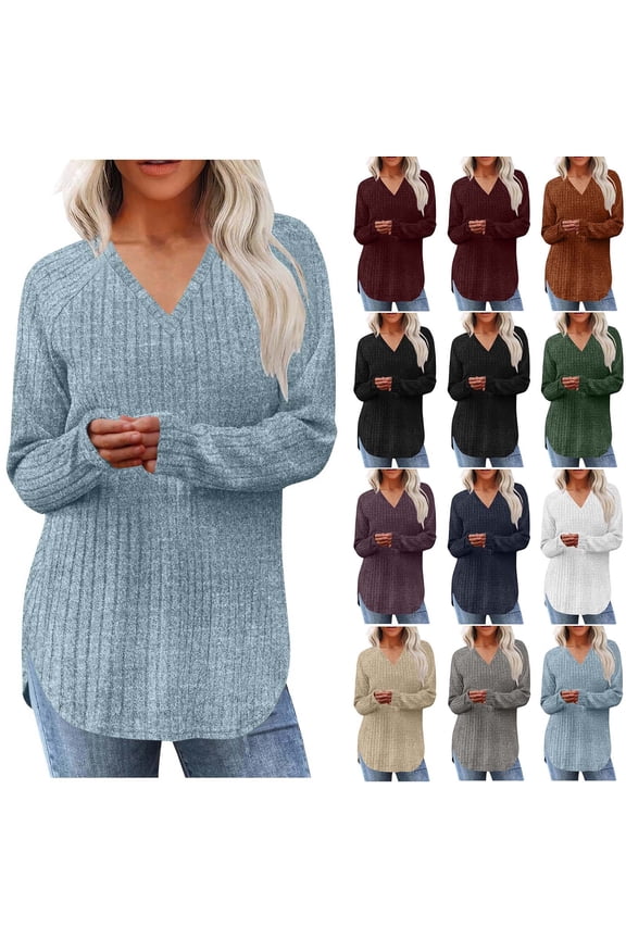 Women's Ribbed Top, V-neck Long Sleeve Loose Pullover Top Casual Fall Blouse Top Beige L