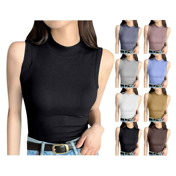 Crunowin Women's Ribbed Tops Solid Color Round Neck Sleeveless Undershirt Coffee Size M