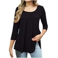thumbnail image 1 of Crunowin Women's Round Neck Pleated Blouse Tops 3/4 Sleeve Solid Tops Black Size 2XL, 1 of 6