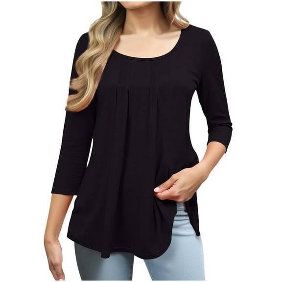 Crunowin Women's Round Neck Pleated Blouse Tops 3/4 Sleeve Solid Tops Black Size L