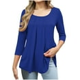 thumbnail image 1 of Crunowin Women's Round Neck Pleated Blouse Tops 3/4 Sleeve Solid Tops Blue Size XL, 1 of 6