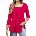 thumbnail image 1 of Crunowin Women's Round Neck Pleated Blouse Tops 3/4 Sleeve Solid Tops Hot Pink Size M, 1 of 5