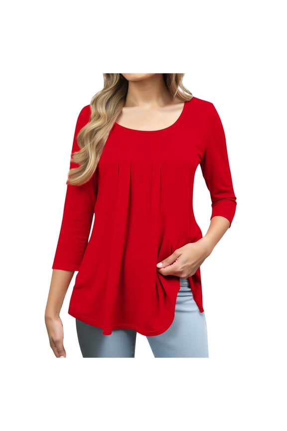 Women's Round Neck Pleated Blouse Tops 3/4 Sleeve Solid Tops Red Size 2XL