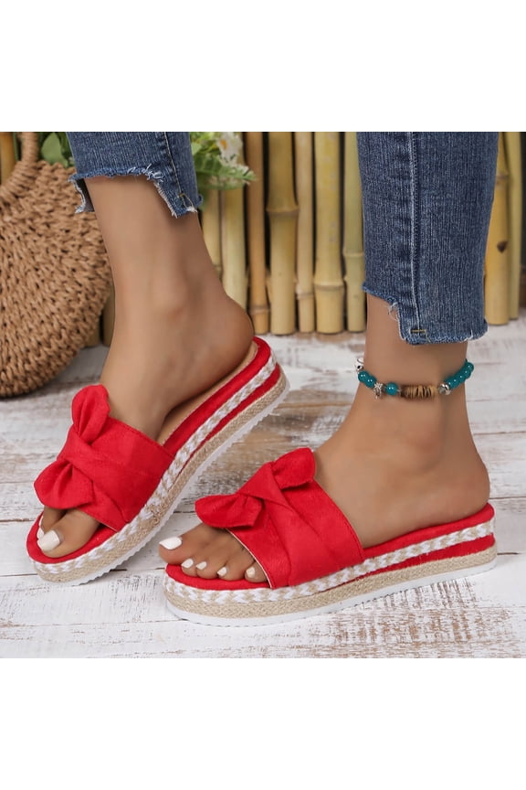 Women's Round Toe Fish Mouth Wedge Heel Sandals, with Bowknot Rope Woven Breathable Beach Slippers for Spring and Summer Red 6