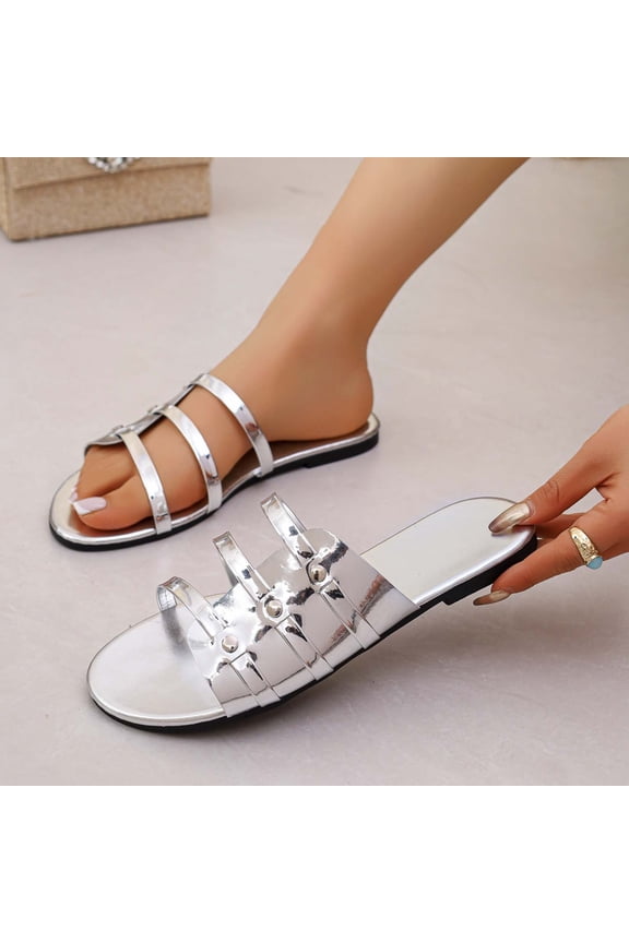 Women's Round Toe Open-Toe Soft Sole Slippers, Fashionable Casual Indoor Outdoor Lightweight Thin Strap Everyday Footwear Silver 9