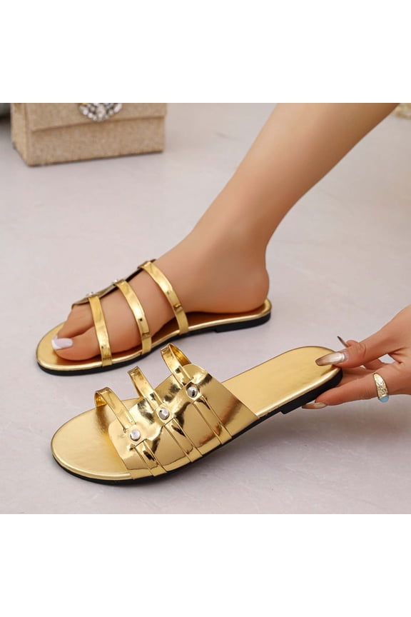 Women's Round Toe Open-Toe Soft Sole Slippers, Lightweight Fashionable Casual Indoor Outdoor Thin Strap Everyday Footwear Gold 9