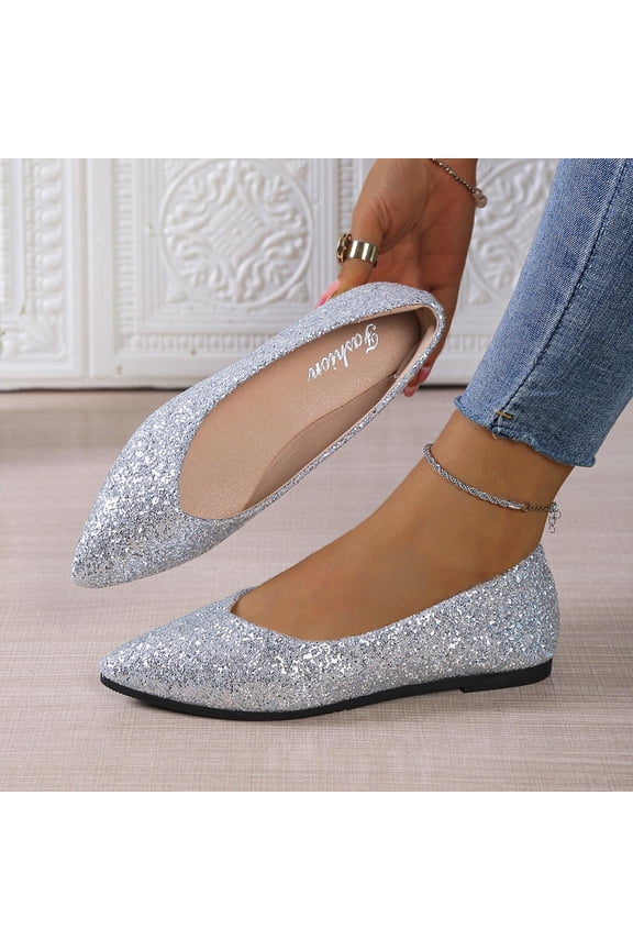 Women's Sequin Flats, Pointed Toe Sequin Embellished Breathable Everyday Shoes Silver 8.5