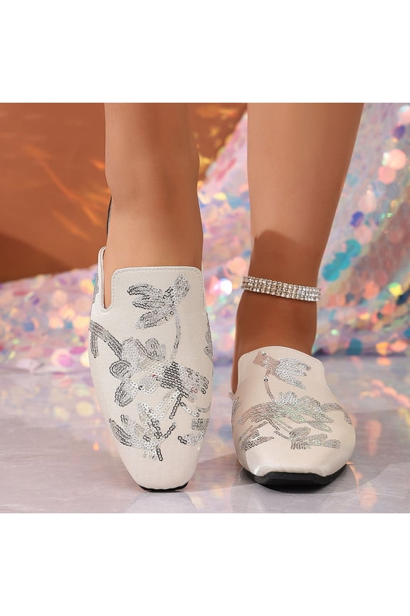 Women's Sequined Square-Toe Slippers, Fashionable Elegant Summer Sparkling Lightweight Stylish Footwear Beige 9