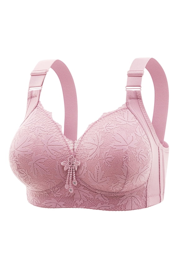 Women's Sexy Lace Bra, Wire Free Comfort Solid Color Breathable Lingerie Push Up Everyday Underwear Pink L