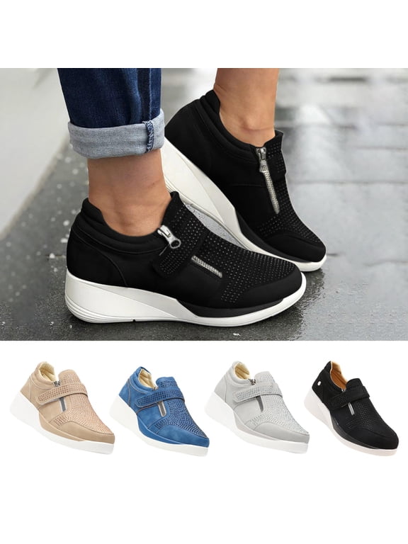 Women's Shoes, Thick Wedge Sole Casual Comfort Rhinestone Sporty Lightweight Sneakers Gray 6