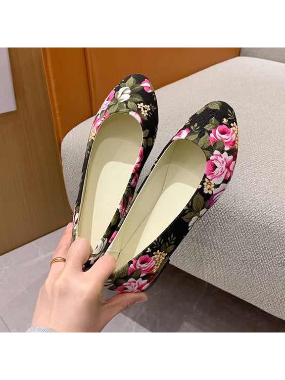Women's Slip-On Flats, Colorful Casual Look Rose Pattern Canvas Fabric Daily Shoes Black 8.5