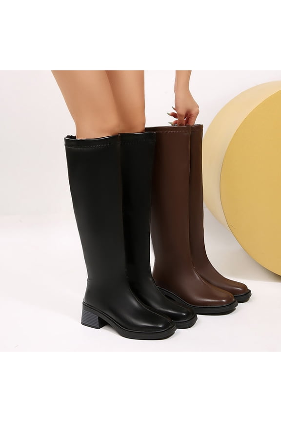 Women's Solid Classic Boots Mid-Calf Thick Heel Fall Winter Casual Shoes Black Size 9