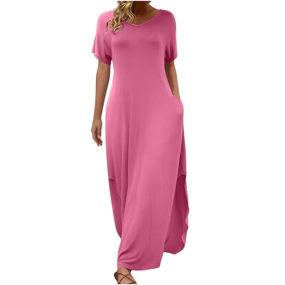 Crunowin Women's Solid Color Bohemian V-Neck Beach Dress with Pockets Flowy Casual Short Sleeve Maxi Dress Pink Size M