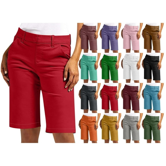 Crunowin Women's Solid Color Elastic Waist Twill Shorts with Pockets Comfortable Casual Summer Shorts Black Size L