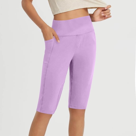 Crunowin Women's Solid Color Lifting Yoga Shorts, with Pockets 5-Inch Stretchy Workout Biker Shorts Purple M