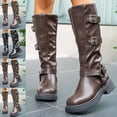 thumbnail image 1 of Crunowin Women's Solid Metal Buckle Boots Square Toe Thick Heel Fall Winter Comfort Shoes Coffee Size 8.5, 1 of 10