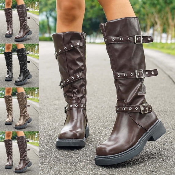 Crunowin Women's Solid Metal Buckle Boots Thick Heel Mid-Calf Fall Winter Casual Shoes Brown Size 7