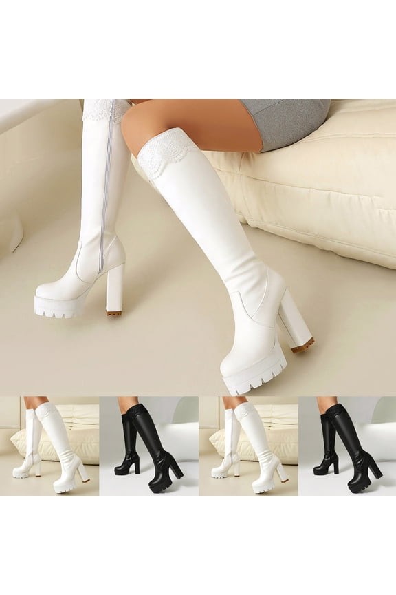 Women's Spliced Lace Knight Boots Mid-Calf Ruffled Fall Winter Comfort Shoes Black Size 8.5