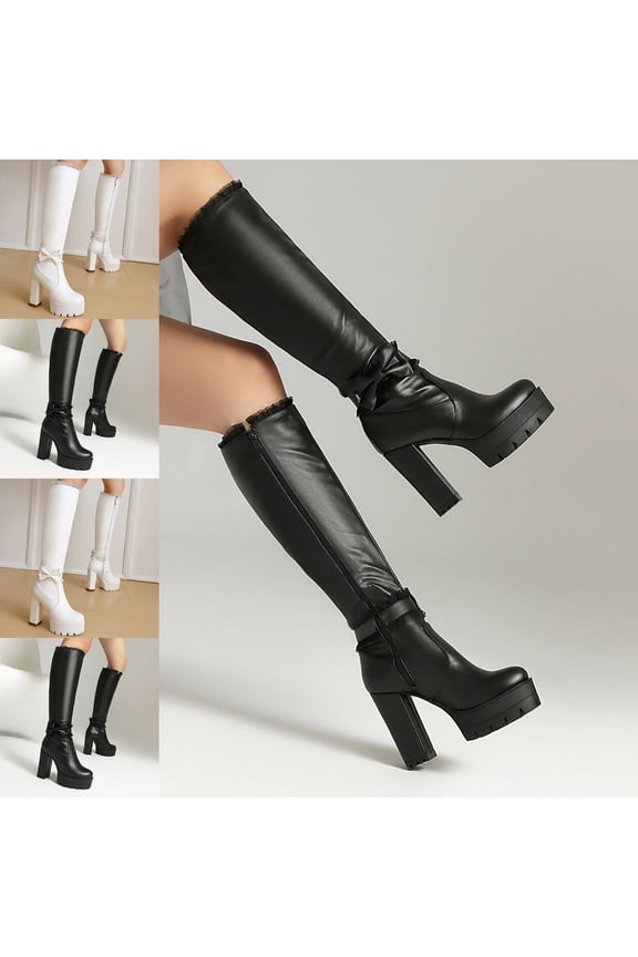 Women's Spliced Ruffled Knight Boots Sweet & Cool Ruffled Design Fall Winter Comfort Shoes Black Size 5.5