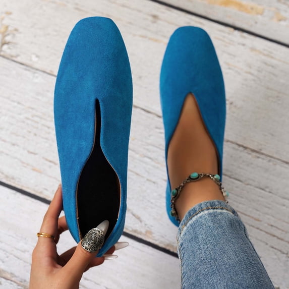 Crunowin Women's Square Toe Loafers, Solid Color Square Toe Plus Size Everyday Flat Comfort Shoes Blue