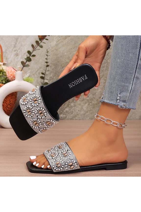 Women's Strap Flat Leather Slipper, Fashion Casual Outerwear One-Piece Style Minimalist Design Stylish Footwear Black 6.5
