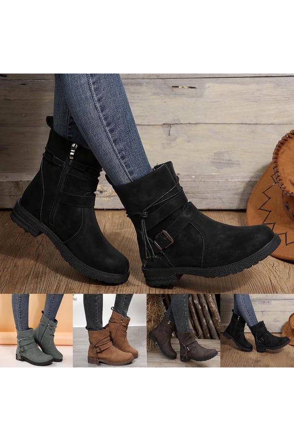 Women's Strappy Thick Heel Boots Mid-Calf Decorated Design Fall Winter Casual Shoes Brown Size 6.5