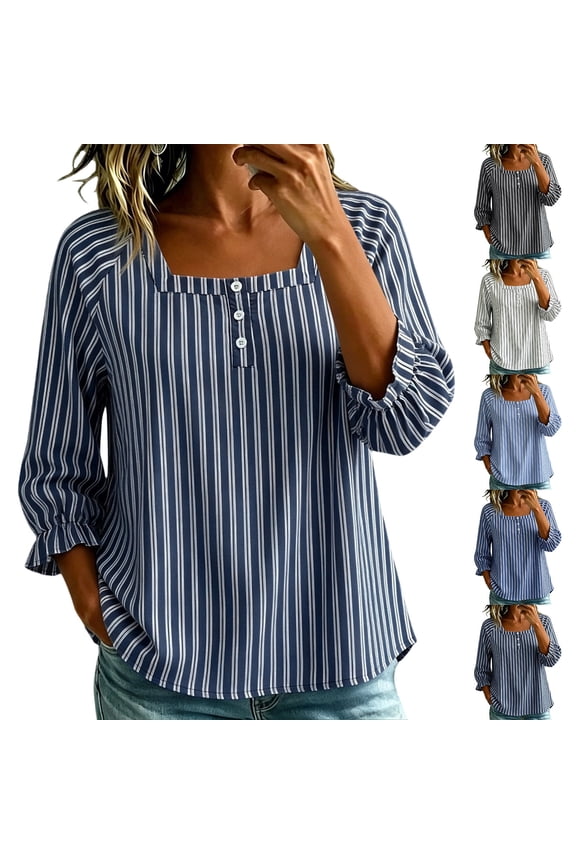 Women's Striped Shirt Collar Top 3/4 Ruffle Sleeve Button Detail Lightweight Casual Blouse Light Blue Size S