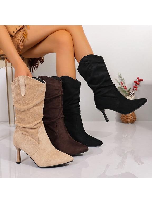 Women's Suede Pointed Toe High Heel Boots Large Size Pleated Fall Winter Mid-Calf Shoes Black Size 5.5
