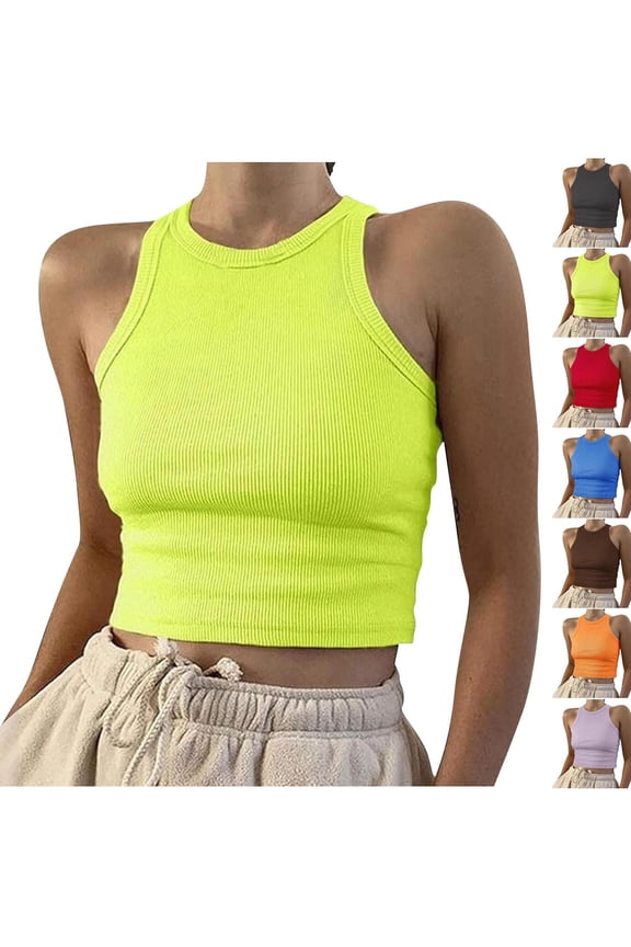 Women's Summer Croped Tank Tops, Casual Round Neck Sleeveless Ribbed Tops Yellow S