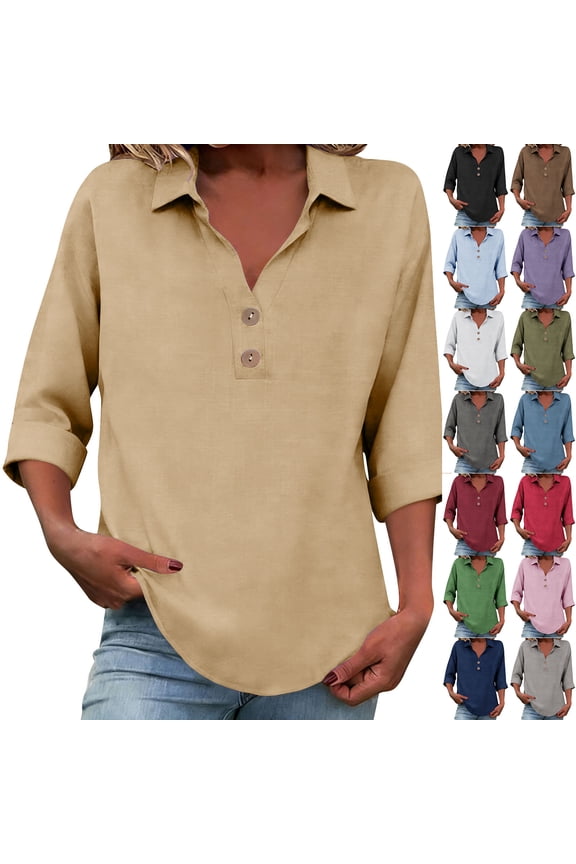 Women’s Summer Linen Shirts, V-Neck 3/4 Sleeve Collared Blouse Relaxed Solid Tee Dark Blue M