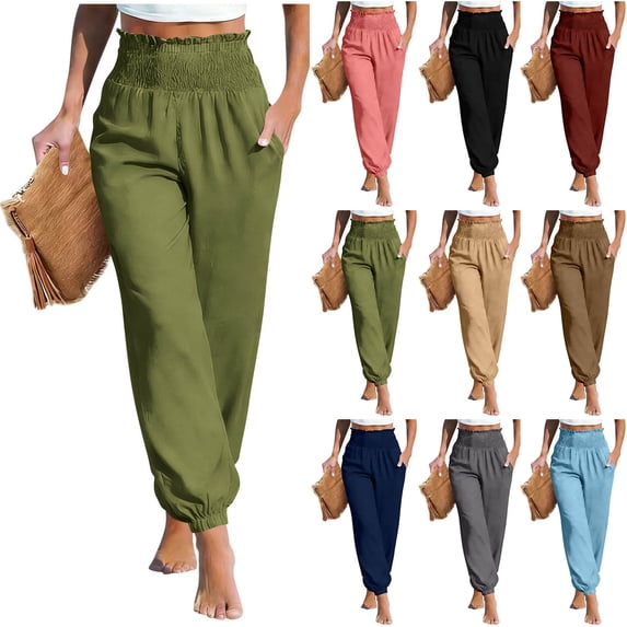 Crunowin Women’s Summer Linen Straight-Leg Trousers, Elastic Waist with Side Pockets and Soft Ankle-Length Summer Pants Khaki 2XL