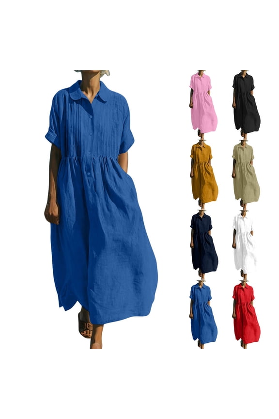 Women's Summer Short Sleeve Button Down Shirt Dress, A-Line Flared Maxi Long Beach Casual Dress Blue S