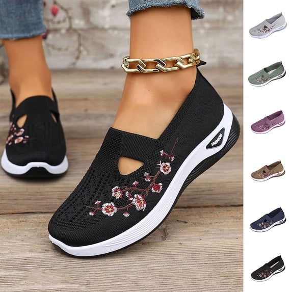 Crunowin Women's Summer Slip Ons, Embroidery Low Cut Breathable Mesh Summer Big Size Comfortable Casual Shoes Gray 6.5