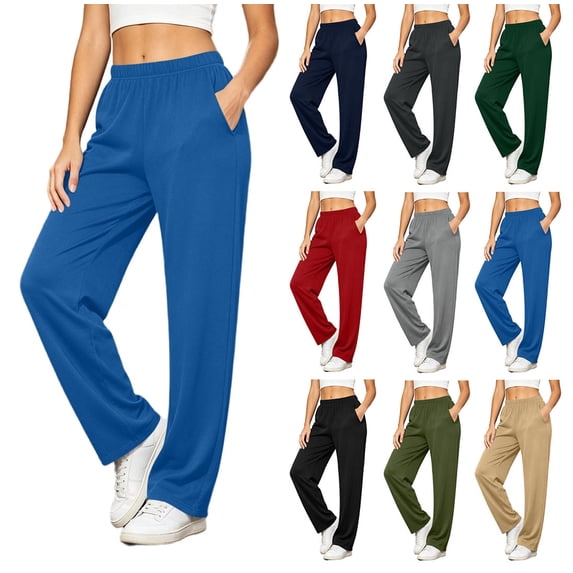 Crunowin Women’s Sweatpants Fall Casual Elastic Waist Full-Length Stright Leg Long Pants with Pockets Light Blue Size S