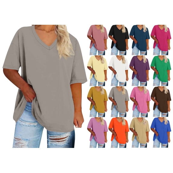 Crunowin Women's T-shirts Plus Size V-Neck Short Sleeve Tee Casual Summer Solid Color Tops Red Size S