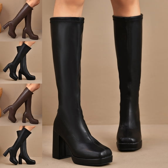 Crunowin Women's Thick Heel Height-Enhancing Boots Mid-Calf Thick Sole Fall Winter Casual Shoes Brown Size 5.5