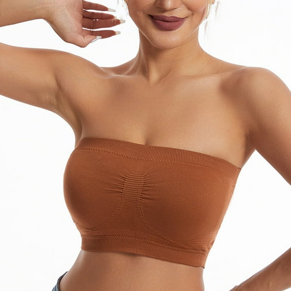 Crunowin Women's Traceless Bra, Wire Free Comfort Solid Color Tube Top Everyday Underwear Brown M