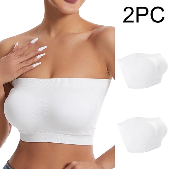 Crunowin Women's Tube Top Bra 2 Pack, Solid Color No Underwire Traceless Breathable Comfort Strapless Underwear White XL