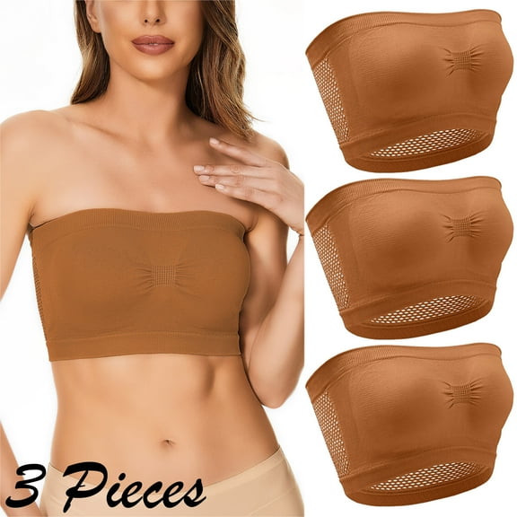Crunowin Women's Tube Top Bra 3 Pack, Traceless Breathable Comfort Solid Color No Underwire Strapless Underwear Brown L