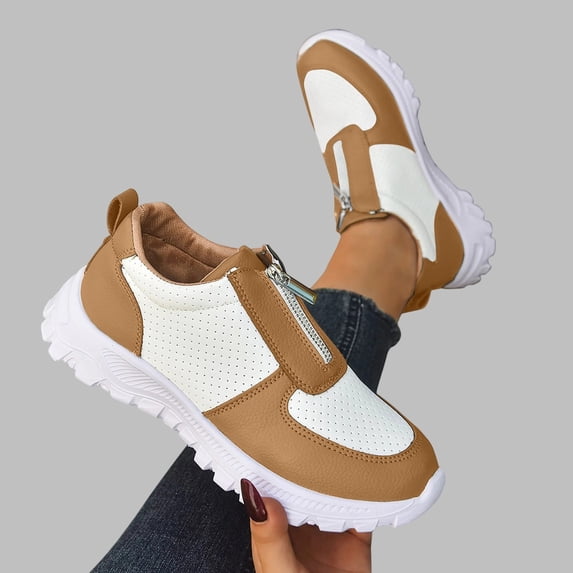 Crunowin Women's Two-Tone Flats, Front Zipper Detail Everyday Slip-On Casual Sneakers Brown 9.5