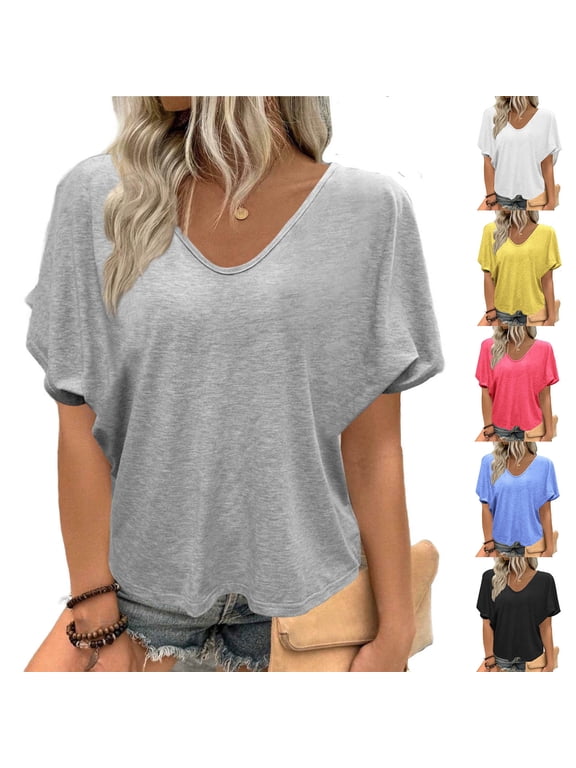 Women’s V-Neck Blouse Top, Flattering V-Neck Flowy Batwing Sleeves Oversized Lightweight Casual T-shirts Gray 2XL