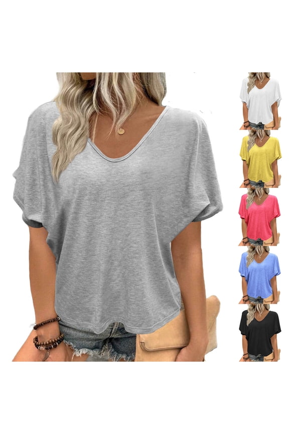 Women’s V-Neck Blouse Top, Flattering V-Neck Flowy Batwing Sleeves Oversized Lightweight Casual T-shirts Gray L