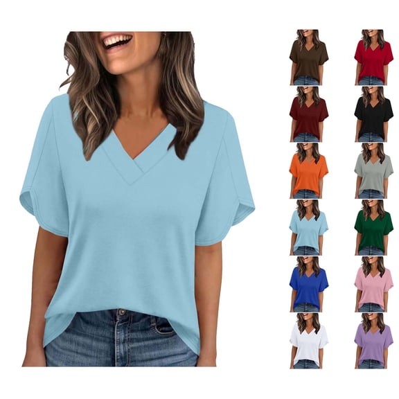 Crunowin Women's V-Neck Blouses, Ruffle Short-Sleeve Casual Tee Summer Tunic Tops White 2XL